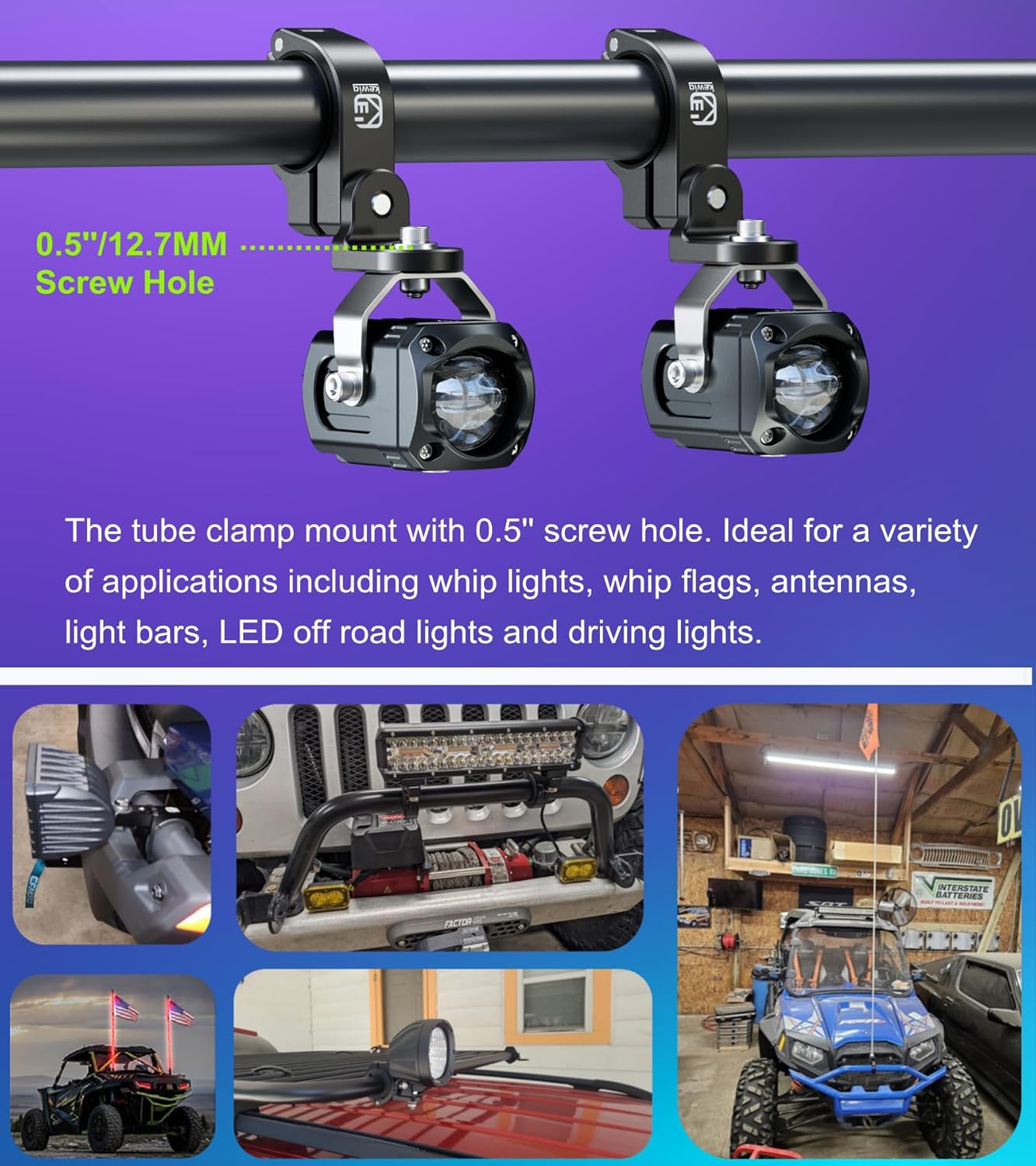 BRCOVAN Whip Light Flag Mount, Aluminum Alloy Off-Road LED Light Bar Mounting Bracket, Fit for Round Rails/Handlebars 0.875''/1"/1.125''/1.26"/1.375'' in Diameter, for ATV UTV Car Motorcycle Truck