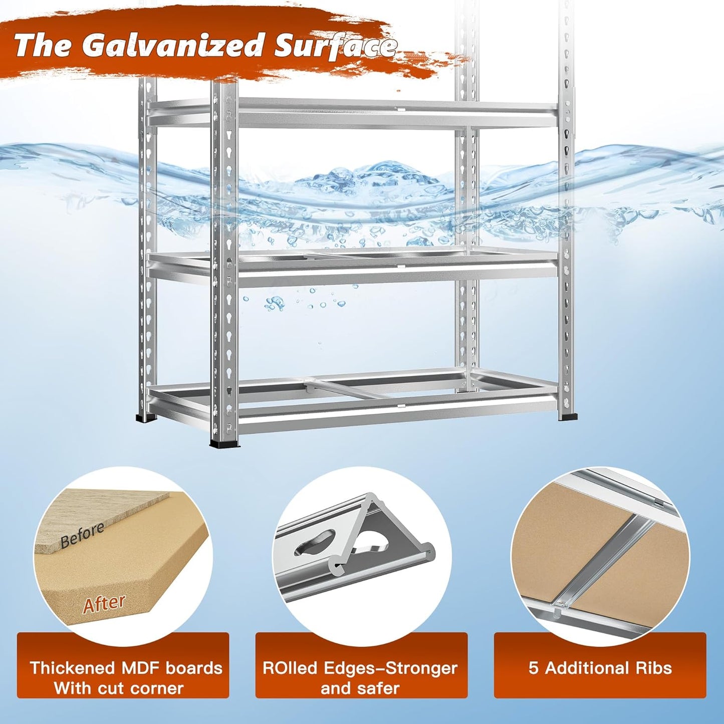 REIBII Garage Shelving, 5 Tier Storage Shelves Load 2020LBS, Adjustable Garage Shelves Heavy Duty, Metal Shelving Unit with Waterproof Columns for Warehouse, 35.5" W x 11.9" D x 72" H, Galvanized