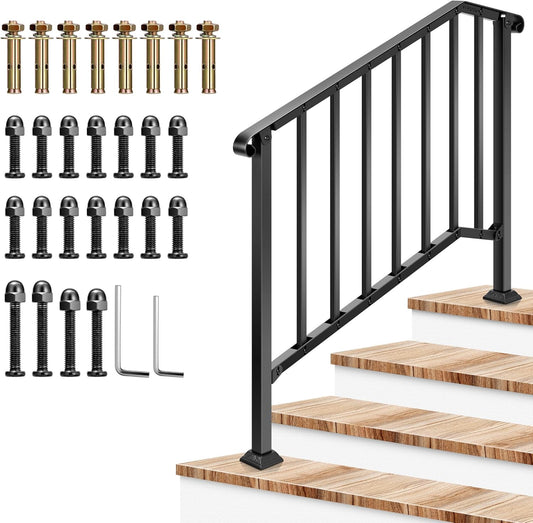 VIVOSUN Outdoor Handrail, 4 Step Stair Handrail, 54" x 36" Fits 1 to 4 Steps, Wrought Mattle Iron Stair Railing with Curved End and Balusters for Concrete Step, Porch Steps, One-Step Assembly, Black