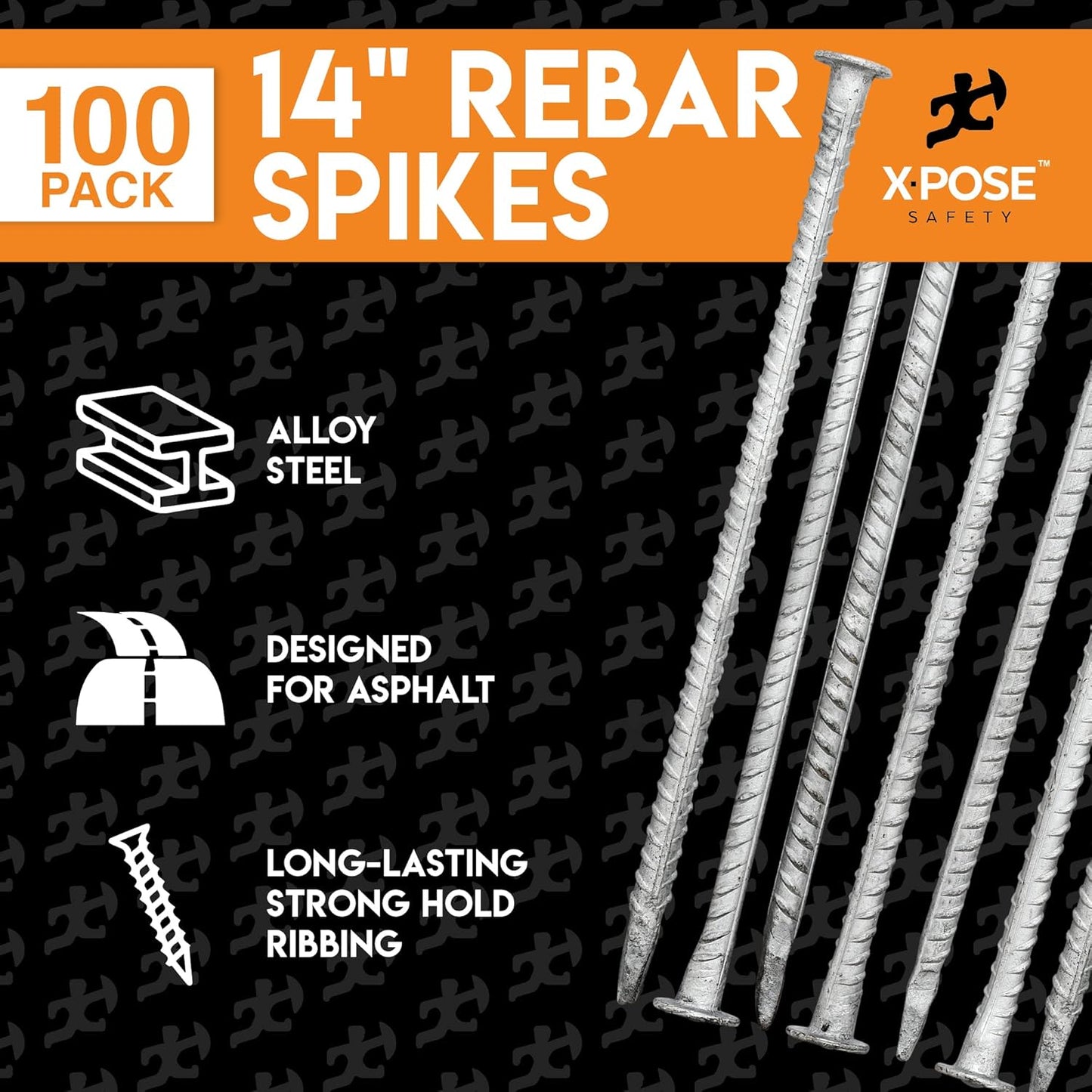 Heavy Duty Rebar Stakes 14" - 1/2" Diameter Threaded Galvanized Steel Spikes – 100 Pack Metal Ground Stakes for Speed Bumps & Wheel Stops – Support Estacas de Metal – Durable Asphalt Surface