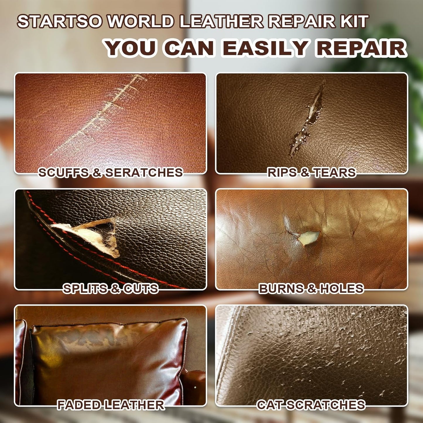 STARTSO WORLD Brown Leather & Vinyl Repair Kit for Furniture, Couches, Car Seats, Sofas, Boat Seats, Jackets with Easy Instructions, Repair Scratches, Tears, and Holes in Pleather, Genuine Leather