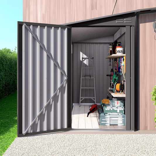 4 x 9 FT Metal Outdoor Storage Shed w/Clear Window, Lean to Storage Sheds with Lockable Door and Air Vents, All Weather Waterproof Garden Tool House for Backyard, Patio, Lawn, Gray