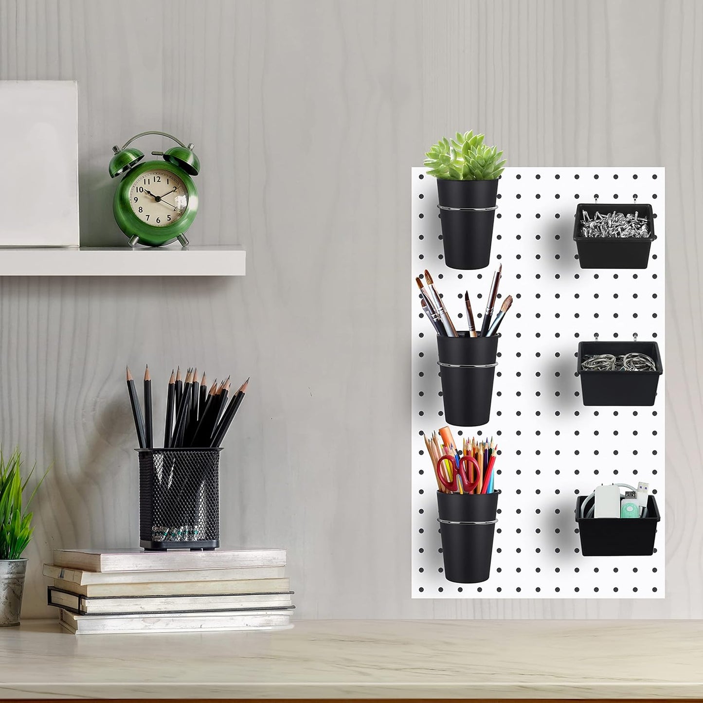 6 Sets Pegboard Bins Pegboard Cups with Hooks, Pegboard Hooks Assortment, Hooks for Pegboard Cup Holder for Organizing Accessories Tools Storage Office Workshop Garage Workbench Black