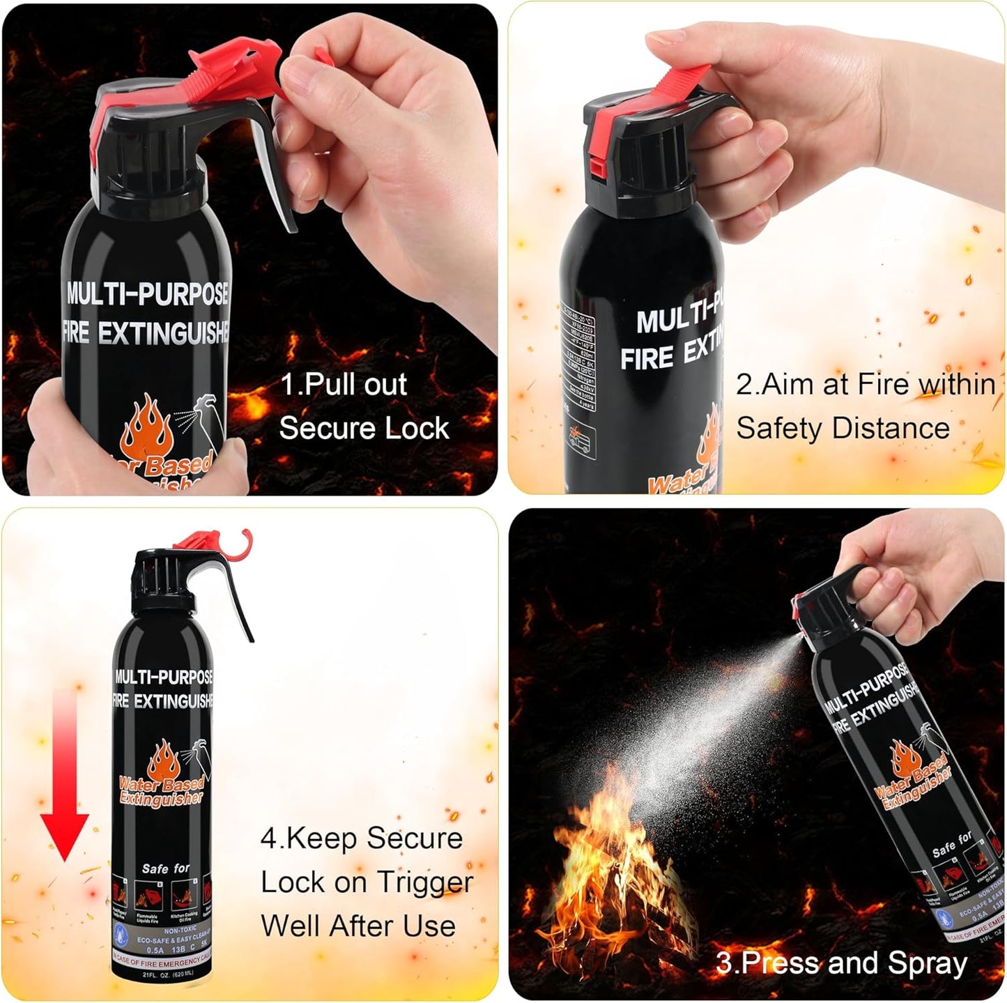 Fire Extinguisher for Home, 4 Pack Vehicle Fire Extinguishers with Mount, Portable Fire Extinguisher Effective on A, B, C, K Fires, Water-Based Extinguisher for Car Boat Office Truck Kitchen Garage RV