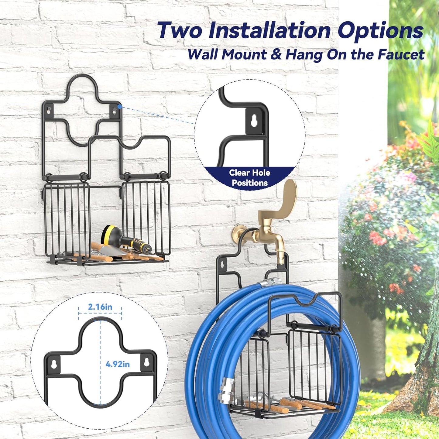 Garden Hose Holders for Outside Metal Water Hose Holder Wall Mount Hose Hanger with Storage Basket Heavy Duty Waterhose Holder for Outside Hose Rack Outdoor Hose Caddy Hook for Garden Organizer Black