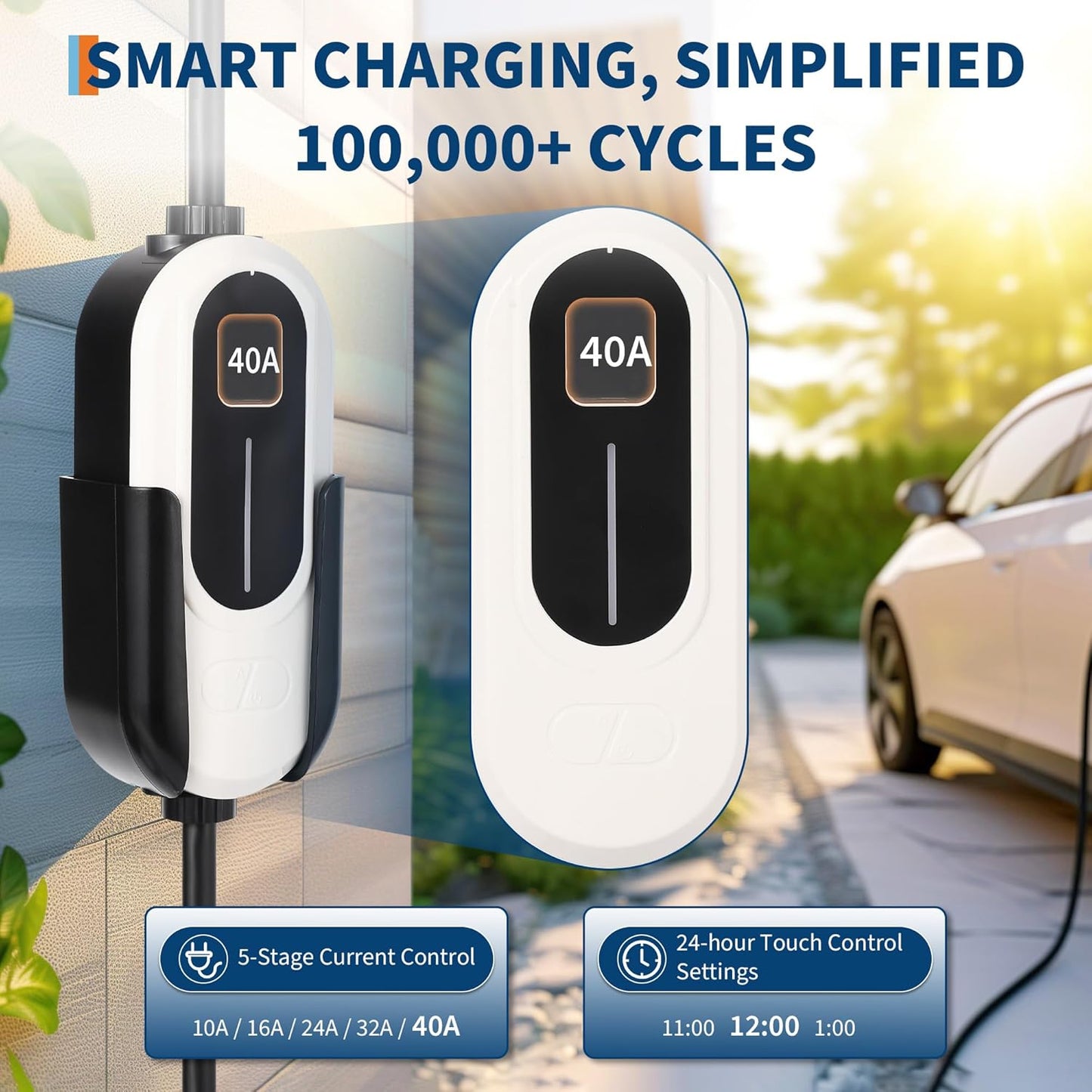 Level 2 EV Charger, 40A 240V Voltage, NEMA 14-50 Plug, 25ft Cable, Adjustable Current/Delay Timer, SAE J1772 Listed Portable Electric Car Charger for Indoor/Outdoor Use, WiFi Enabled