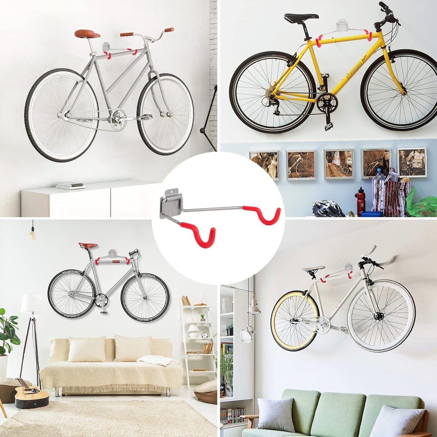 Bike Wall Mount Hangers，EVA Foam Padded Bicycle Hooks-Flip-Up Garage Bicycle Rack for Mountain, Road, and Kids Bikes Rack Holders 2 Pack Silver, Red