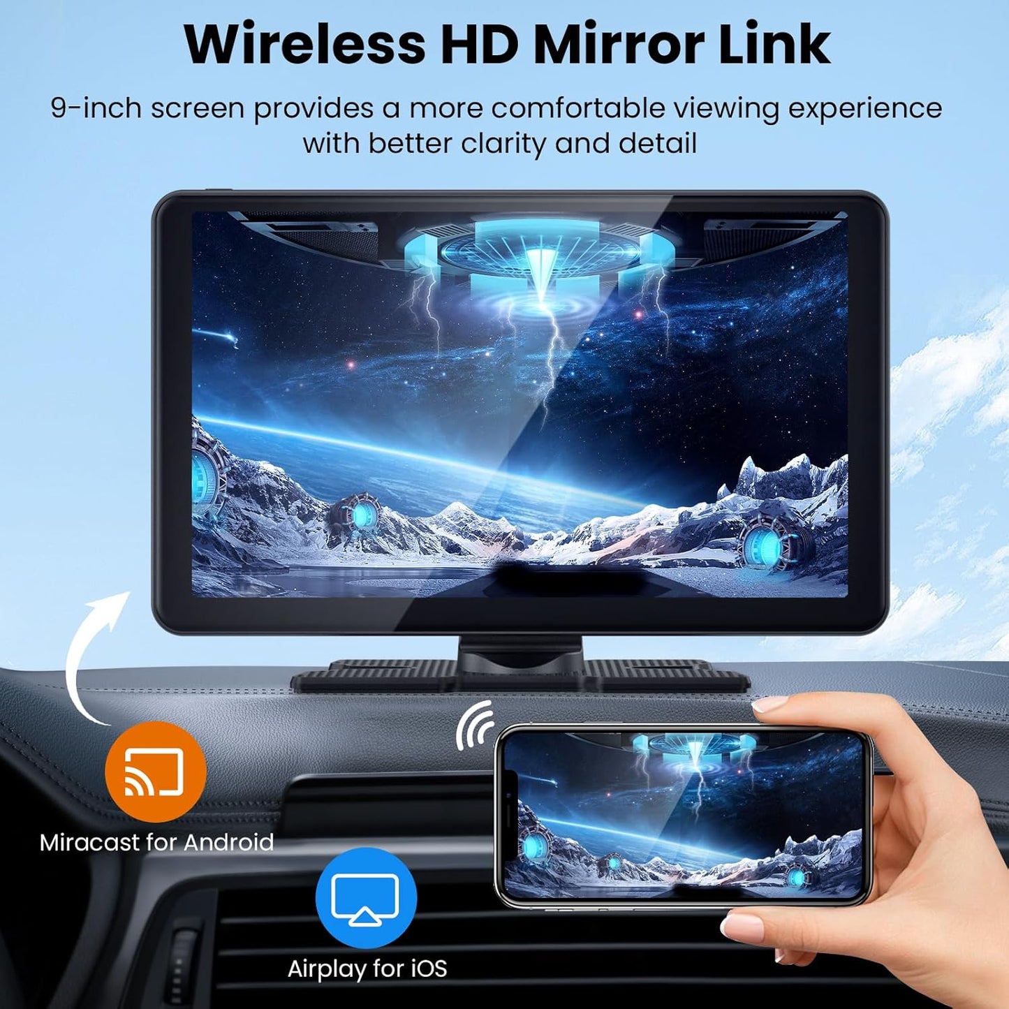 Wireless Portable Carplay Screen with 4K Dash Cam, 9" HD Touch Screen with A-pple Carplay & Android Auto Car Stereo, with 1080p Backup Camera, GPS Navigation/Mirror Link/Voice Control/Bluetooth