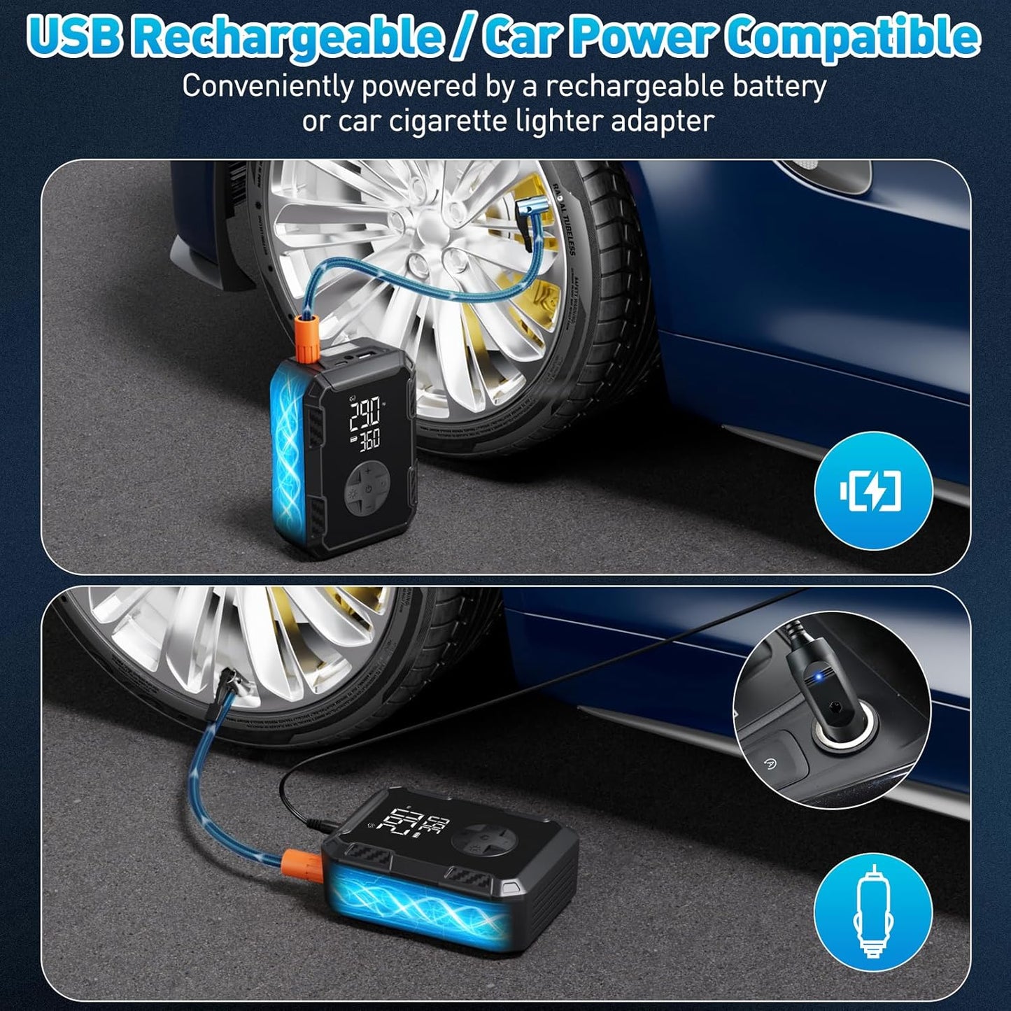 Tire Inflator Portable Air Compressor – Wireless & 12V Dual Power, Auto Shut-Off, Digital Display, Fast Inflation & LED Light, for Car, Bike, Sports & Travel