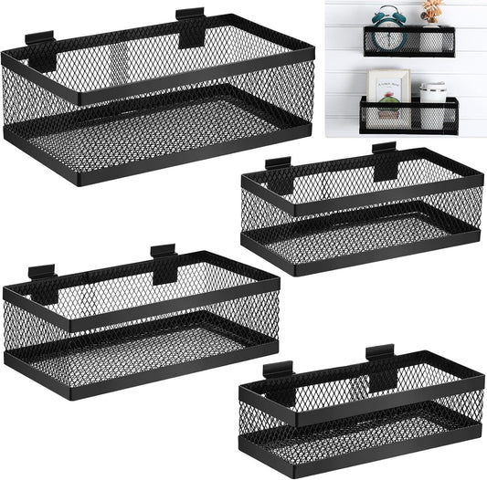 Coume 4 Pcs Black Slatwall Baskets 4 Size Metal Mesh Wire Basket for Slatwall Panels Ventilated Wall Mounted Hanging Accessories for Home Garage Retail Store Display Organizing(Mixed Size)