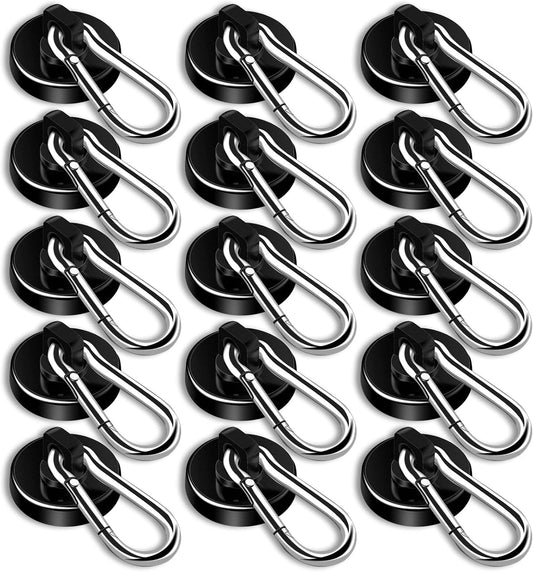 DIYMAG Black Magnetic Hooks, 110LBS Heavy Duty Neodymium Magnetics with Swivel Carabiner Hook,Great for Your Refrigerator and Other Magnetism Surfaces, Pack of 15