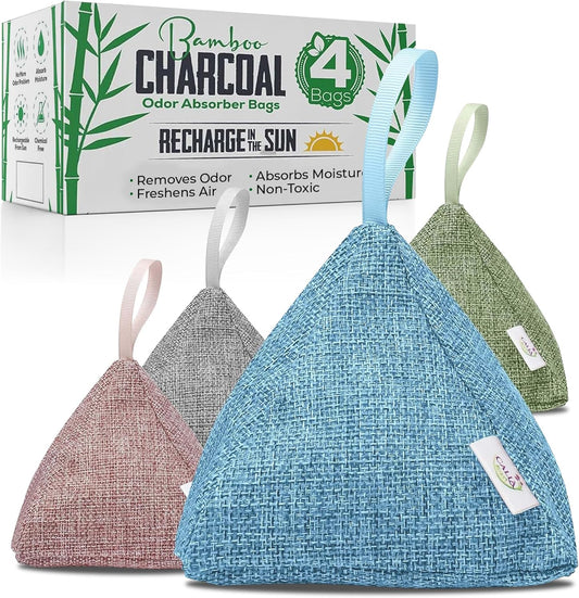 4 Pack Bamboo Charcoal Air Purifier Bags 200 Grams Each - Odor Absorber & Eliminator for Home, Car, Pets, Activated Charcoal Natural Freshener, Eco-Friendly & Reusable (Designer Colors)