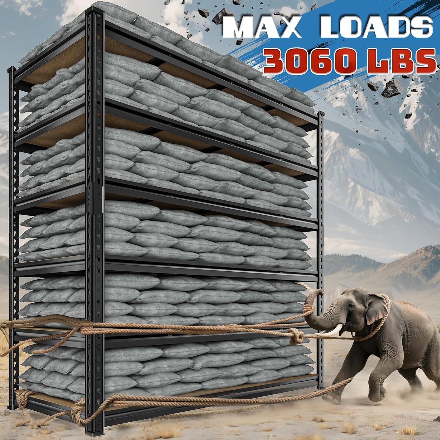 55" W Storage Shelves, 3060LBS Garage Shelving Heavy Duty, 6-Tier Heavy Duty Shelving, Adjustable Metal Shelving Unit for Garage, Warehouse, Pantry, Kitchen, 55" W × 24" D × 84" H, Black