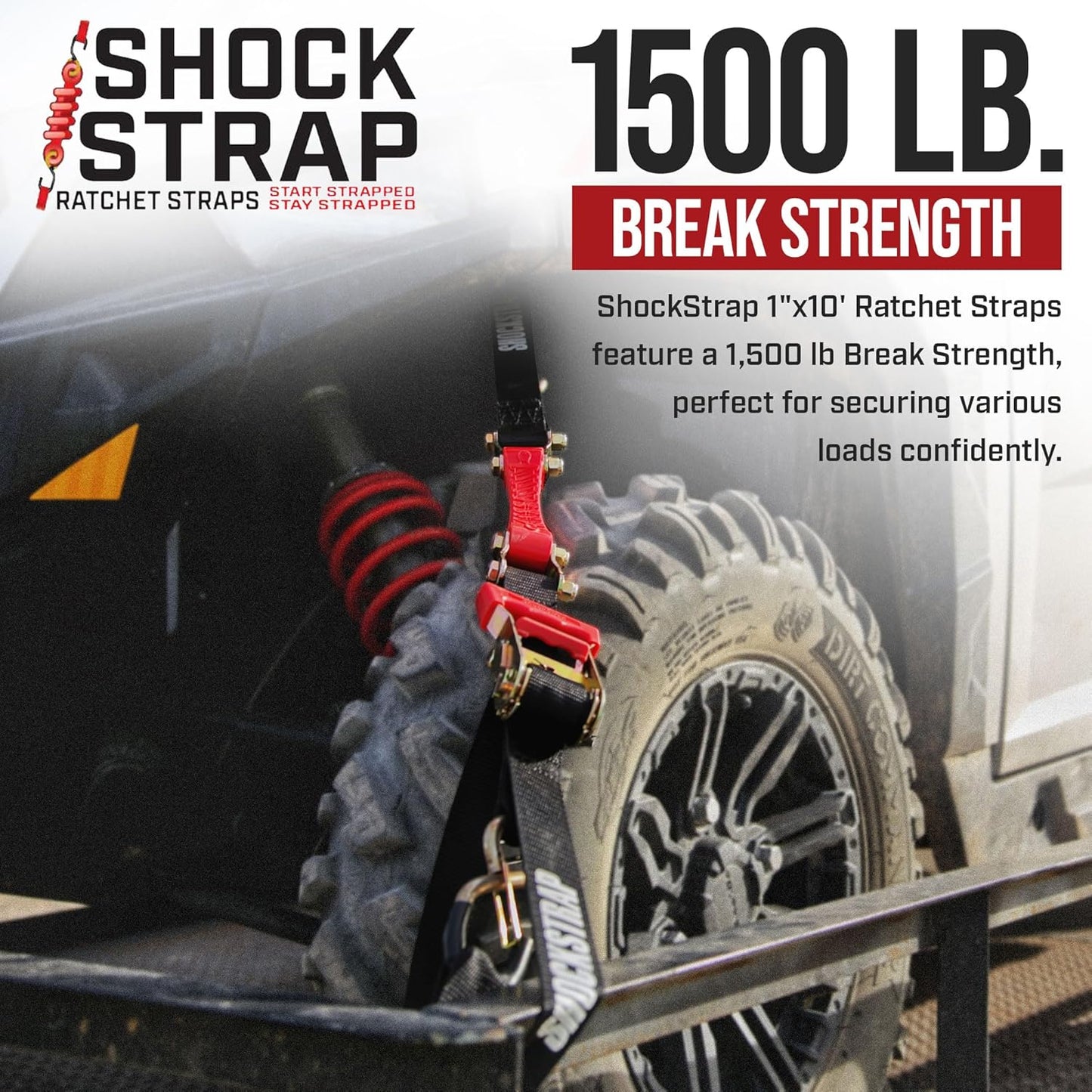 Ratchet Strap, 10' x 1" Shock Absorbing Heavy Duty Tie Downs for Cargo, 500 LB WLL / 1,500 LB Break Strength, 4-Pack