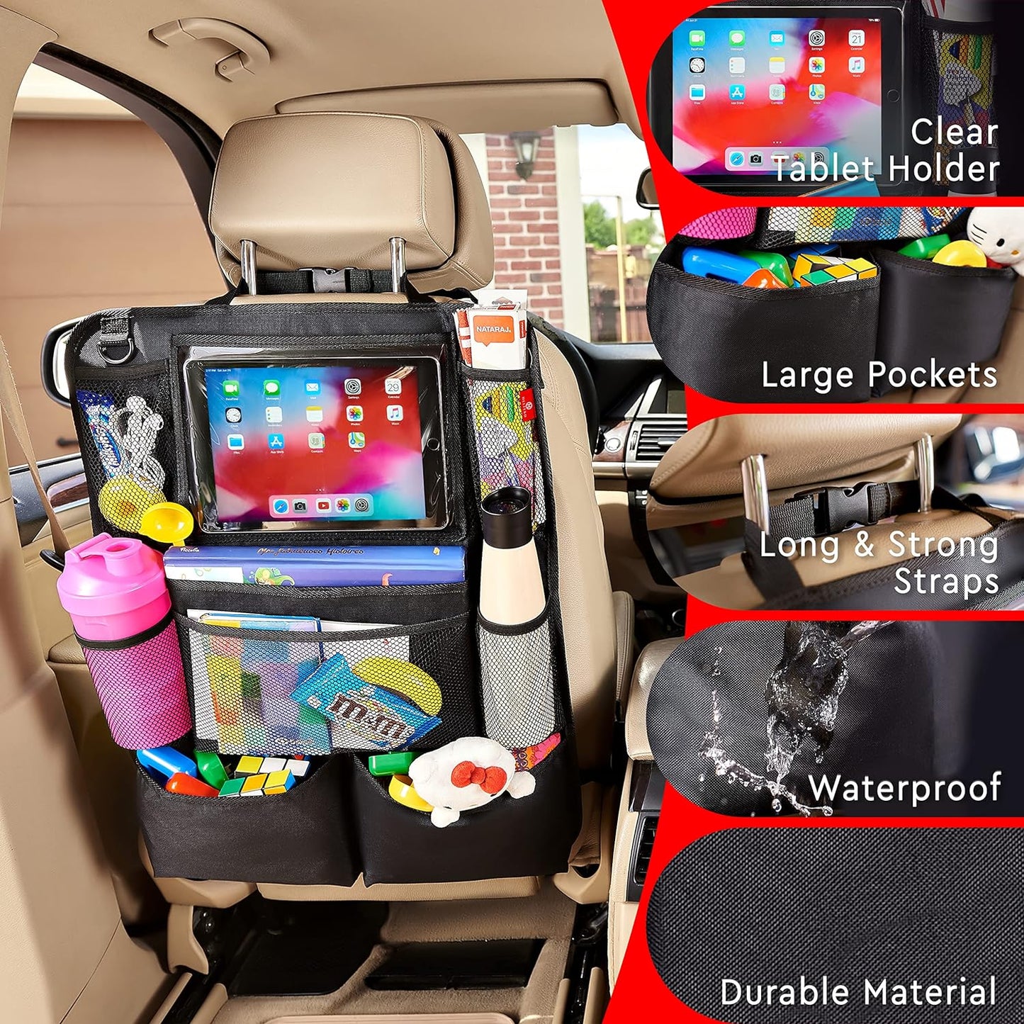 Helteko Backseat Car Organizer, Kick Mats Back Seat Protector with Touch Screen Tablet Holder, Back Seat Organizer for Kids with 9 Storage Pockets, Travel Accessories (2 Pack, Beige)